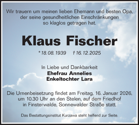 Traueranzeige von Klaus Fischer von Lausitzer Rundschau