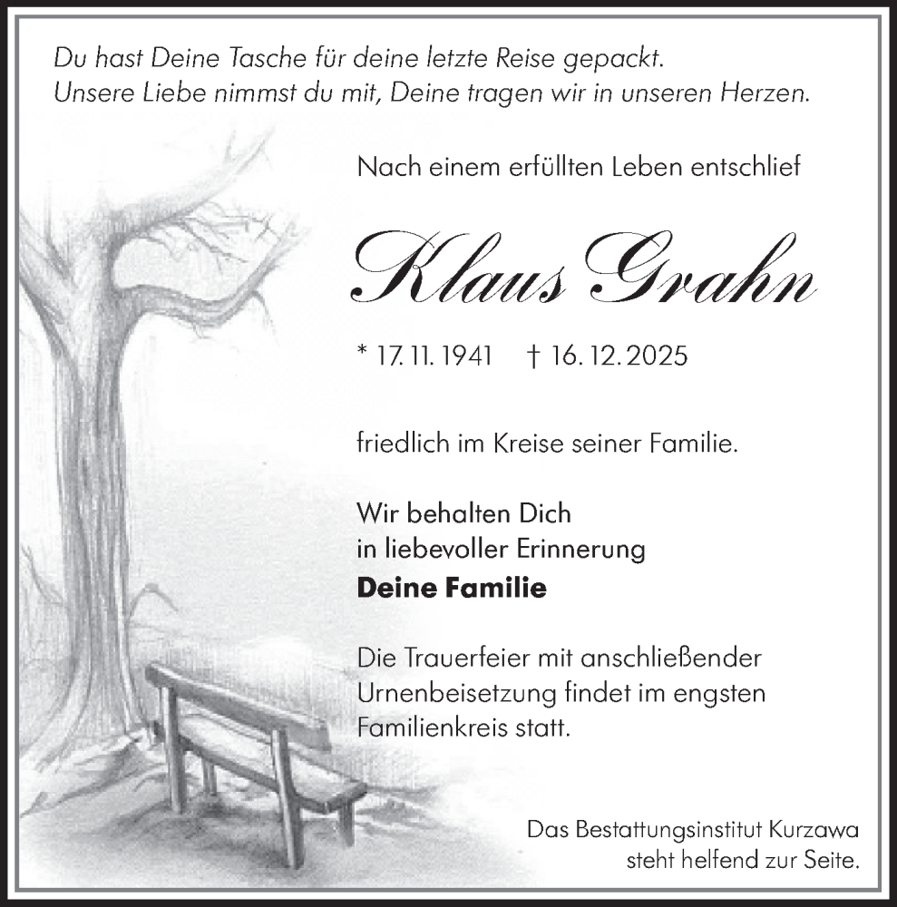  Traueranzeige für Klaus Grahn vom 03.01.2026 aus Lausitzer Rundschau