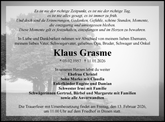 Traueranzeige von Klaus Grasme von Lausitzer Rundschau