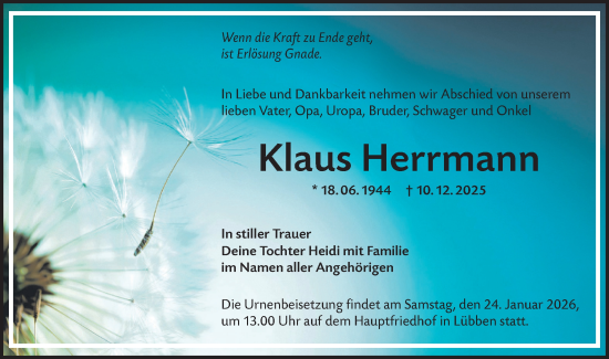 Traueranzeige von Klaus Herrmann von Ausg. LR Spreewald RS