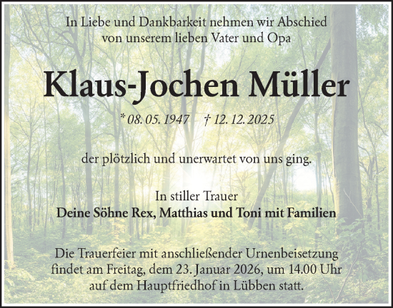 Traueranzeige von Klaus-Jochen Müller von Ausg. LR Spreewald RS