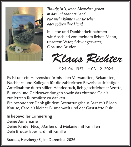 Traueranzeige von Klaus Richter von Lausitzer Rundschau