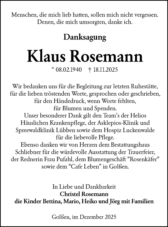 Traueranzeige von Klaus Rosemann von Ausg. LR Spreewald RS
