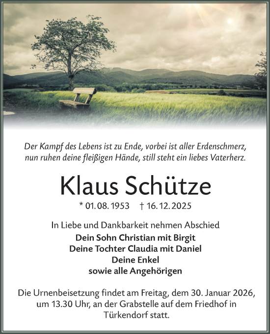 Traueranzeige von Klaus Schütze von Lausitzer Rundschau