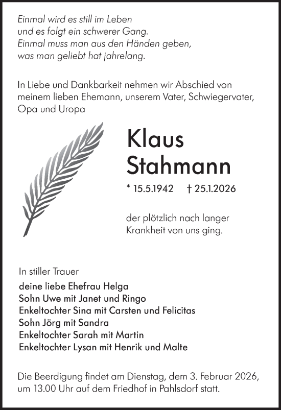 Traueranzeige von Klaus Stahmann von Lausitzer Rundschau