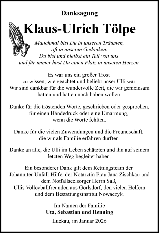 Traueranzeige von Klaus-Ulrich Tölpe von Ausg. LR Spreewald RS