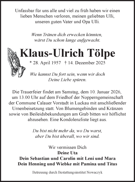 Traueranzeige von Klaus-Ulrich Tölpe von Ausg. LR Spreewald RS