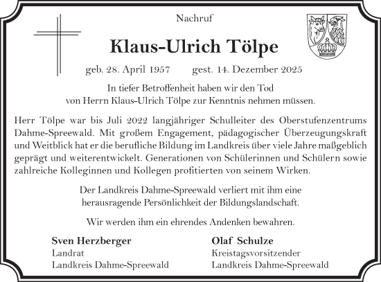 Traueranzeige von Klaus-Ulrich Tölpe von Lausitzer Rundschau