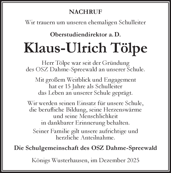 Traueranzeige von Klaus-Ulrich Tölpe von Lausitzer Rundschau