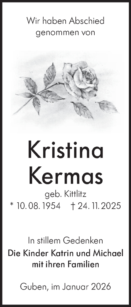  Traueranzeige für Kristina Kermas vom 17.01.2026 aus Lausitzer Rundschau