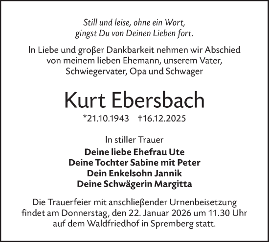 Traueranzeige von Kurt Ebersbach von Lausitzer Rundschau