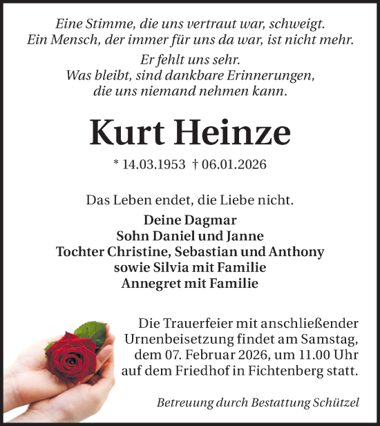Traueranzeige von Kurt Heinze von Lausitzer Rundschau