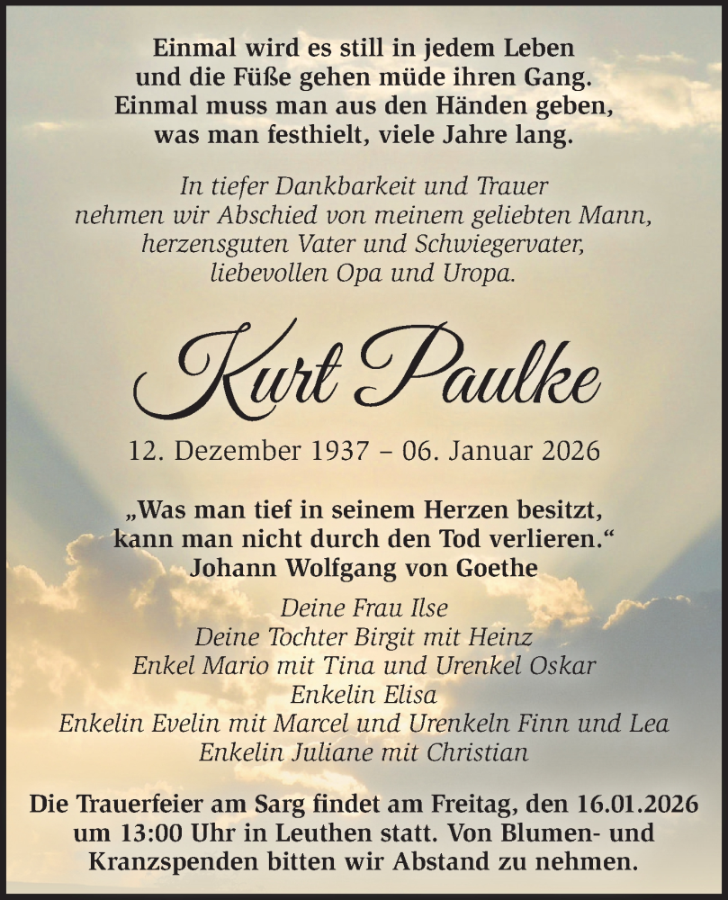  Traueranzeige für Kurt Paulke vom 10.01.2026 aus Lausitzer Rundschau