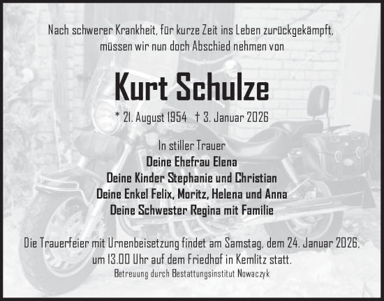 Traueranzeige von Kurt Schulze von Ausg. LR Spreewald RS