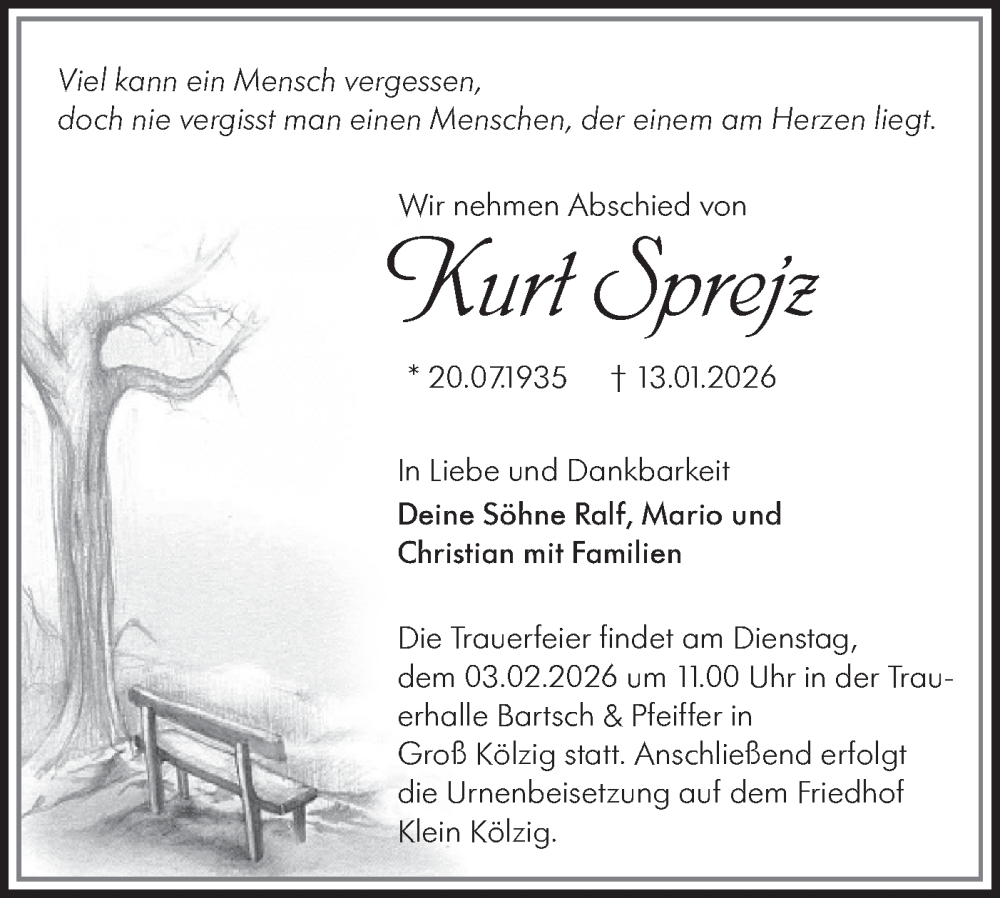  Traueranzeige für Kurt Sprejz vom 24.01.2026 aus Lausitzer Rundschau
