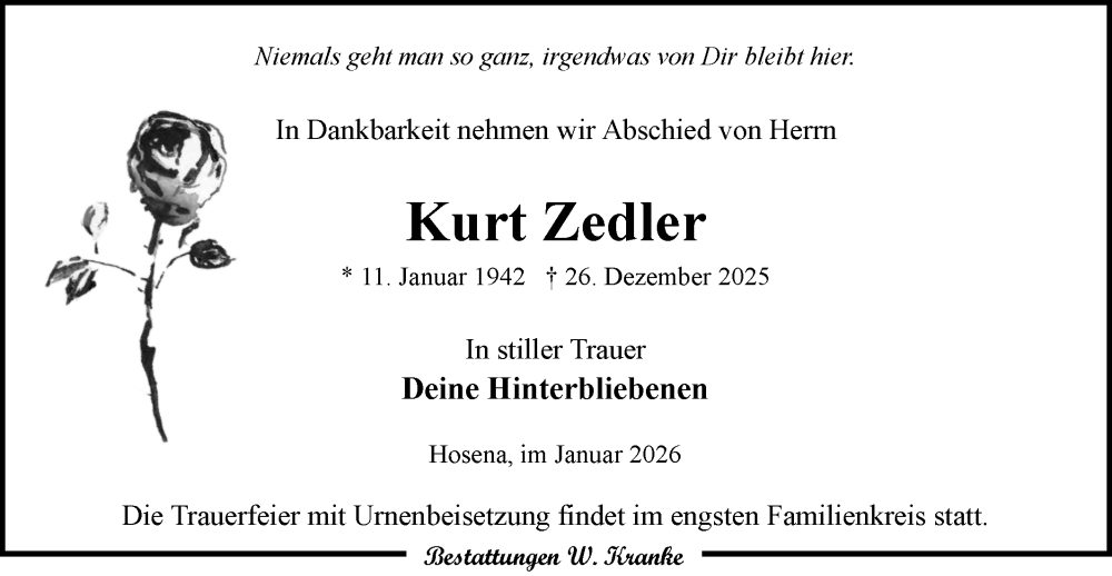  Traueranzeige für Kurt Zedler vom 10.01.2026 aus Lausitzer Rundschau