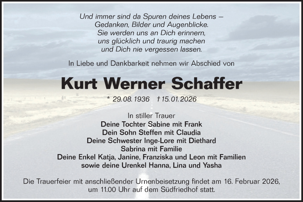  Traueranzeige für Kurt Werner Schaffer vom 31.01.2026 aus Lausitzer Rundschau