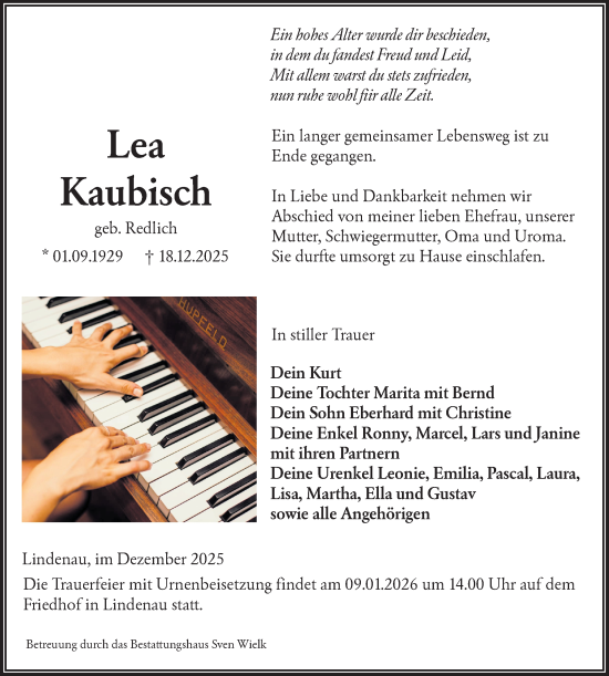 Traueranzeige von Lea Kaubisch von Lausitzer Rundschau
