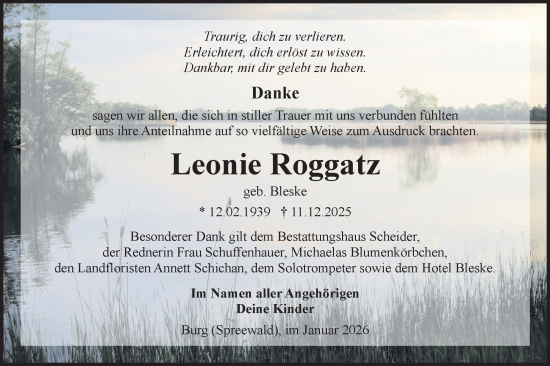 Traueranzeige von Leonie Roggatz von Lausitzer Rundschau