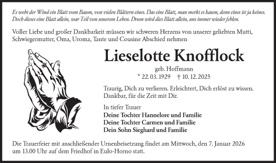 Traueranzeige von Lieselotte Knofflock von Lausitzer Rundschau