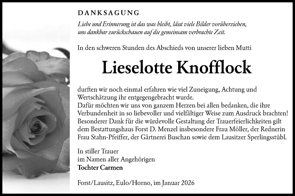  Traueranzeige für Lieselotte Knofflock vom 31.01.2026 aus Lausitzer Rundschau