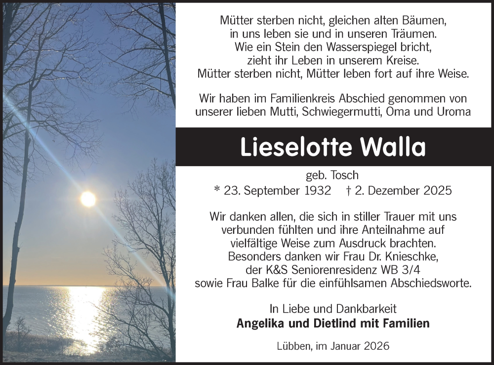  Traueranzeige für Lieselotte Walla vom 31.01.2026 aus Ausg. LR Spreewald RS