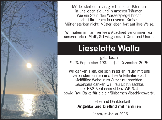 Traueranzeige von Lieselotte Walla von Ausg. LR Spreewald RS