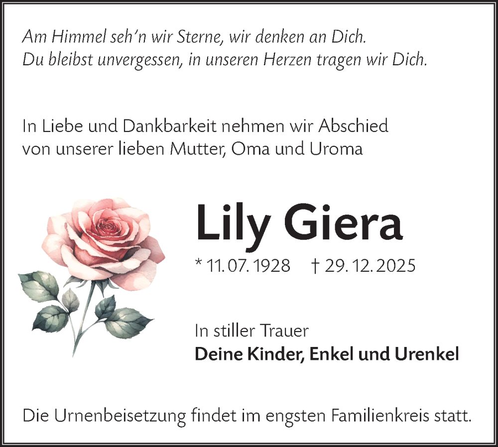  Traueranzeige für Lily Giera vom 24.01.2026 aus Lausitzer Rundschau