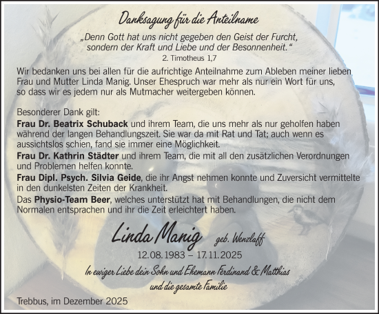 Traueranzeige von Linda Manig von Lausitzer Rundschau