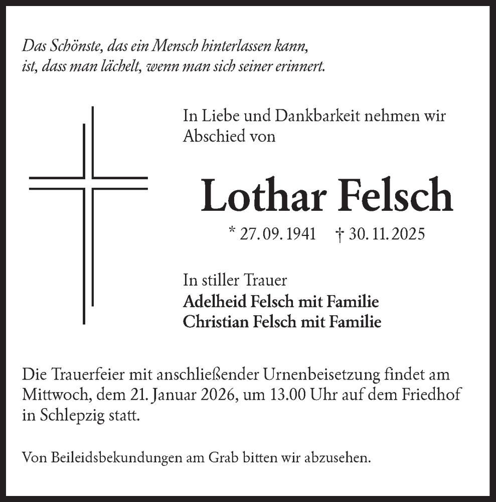  Traueranzeige für Lothar Felsch vom 10.01.2026 aus Ausg. LR Spreewald RS