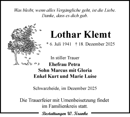 Traueranzeige von Lothar Klemt von Lausitzer Rundschau