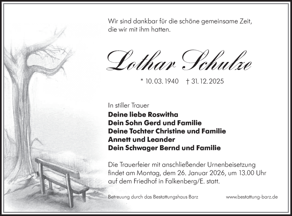  Traueranzeige für Lothar Schulze vom 17.01.2026 aus Lausitzer Rundschau
