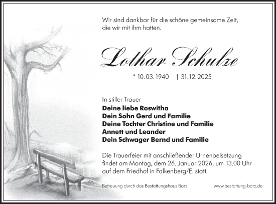Traueranzeige von Lothar Schulze von Lausitzer Rundschau