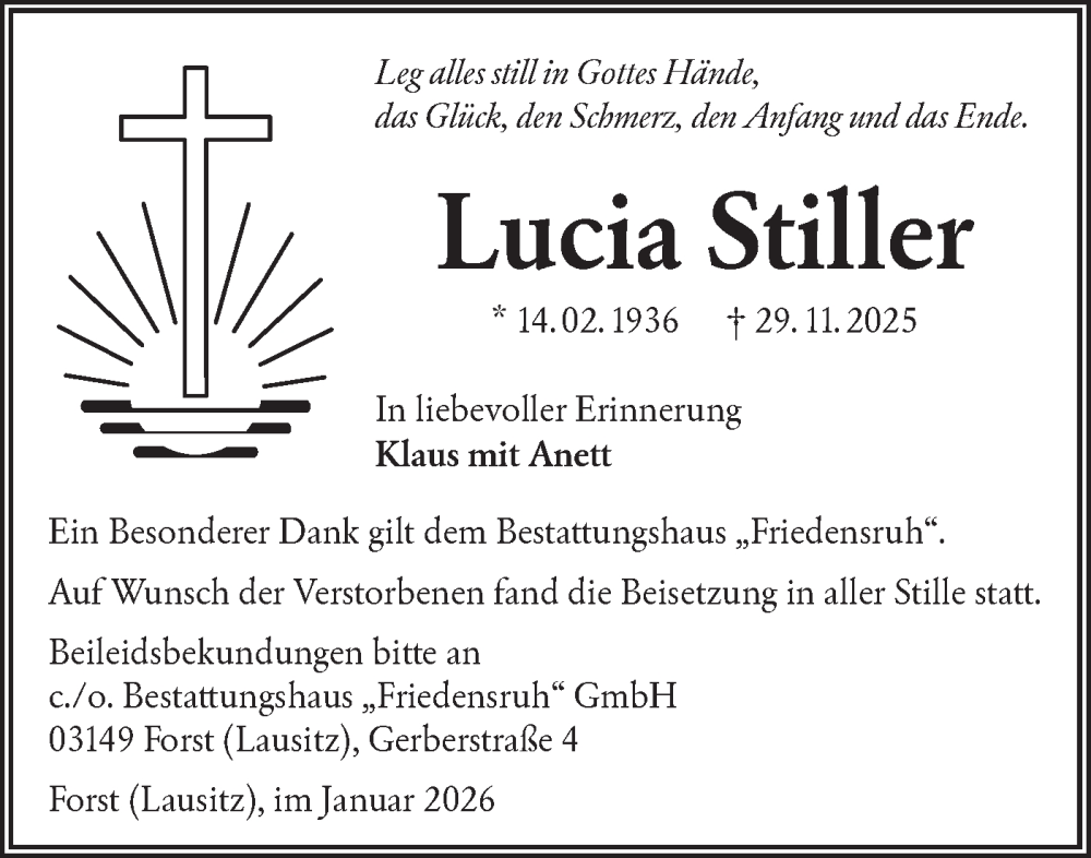  Traueranzeige für Lucia Stiller vom 17.01.2026 aus Lausitzer Rundschau