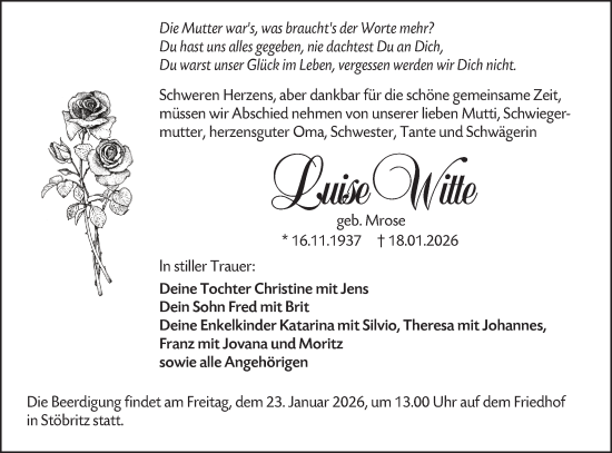 Traueranzeige von Luise Witte von Ausg. LR Spreewald RS