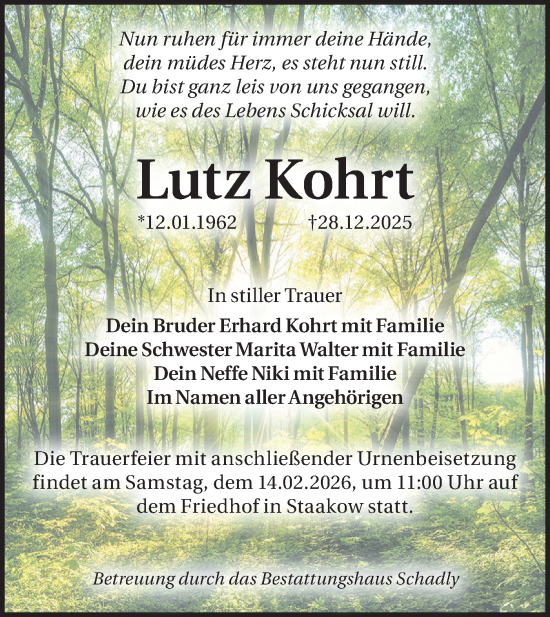 Traueranzeige von Lutz Kohrt von Ausg. LR Spreewald RS