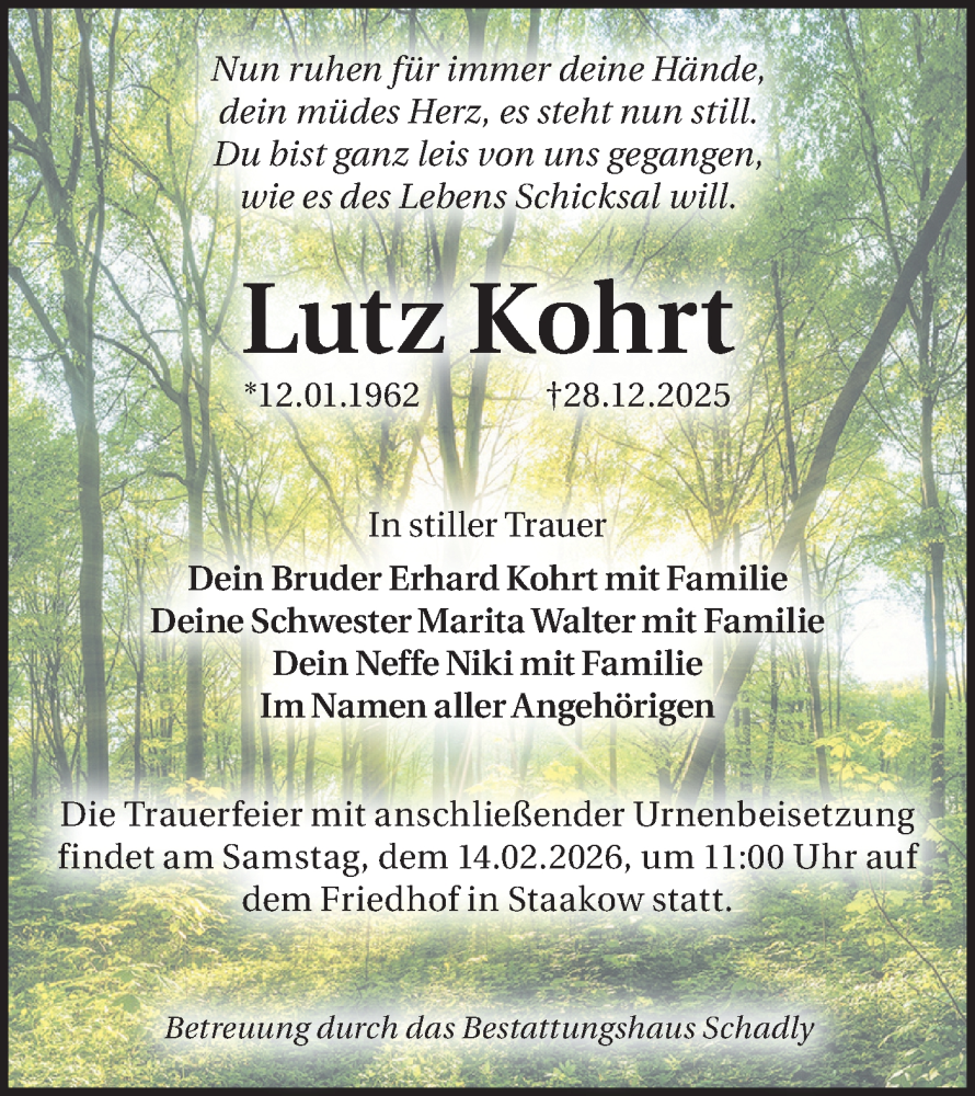  Traueranzeige für Lutz Kohrt vom 17.01.2026 aus Ausg. LR Spreewald RS