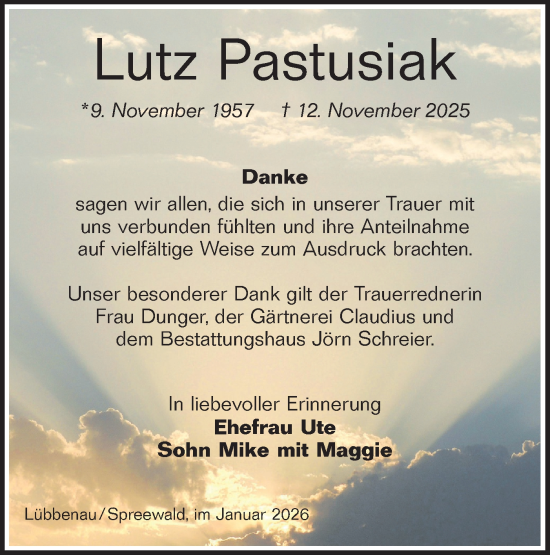 Traueranzeige von Lutz Pastusiak von Ausg. LR Spreewald RS