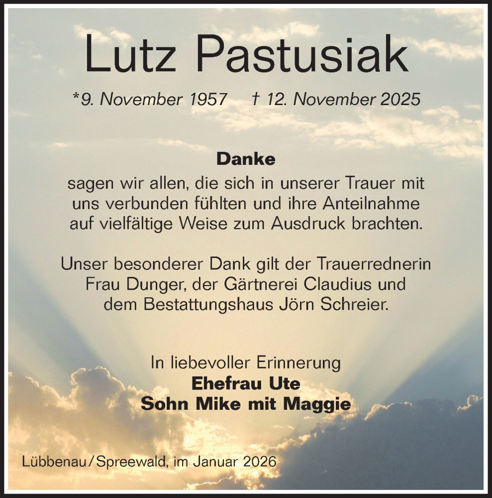  Traueranzeige für Lutz Pastusiak vom 24.01.2026 aus Ausg. LR Spreewald RS