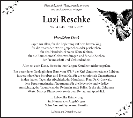 Traueranzeige von Luzi Reschke von Ausg. LR Spreewald RS