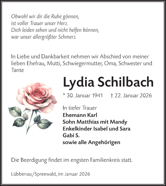 Traueranzeige von Lydia Schilbach von Ausg. LR Spreewald RS