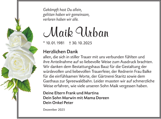 Traueranzeige von Maik Urban von Ausg. LR Spreewald RS