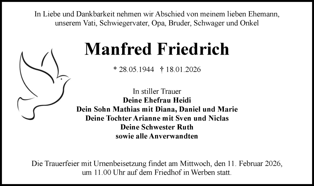  Traueranzeige für Manfred Friedrich vom 31.01.2026 aus Lausitzer Rundschau