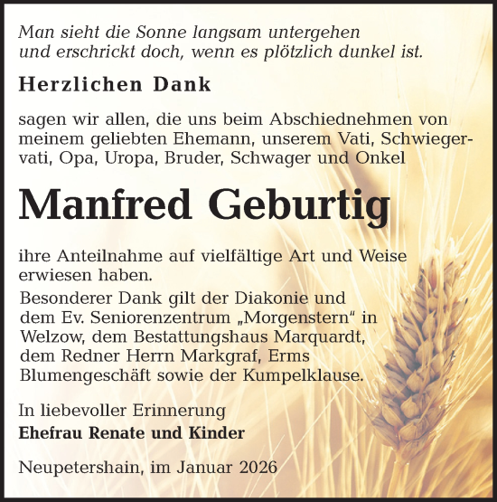 Traueranzeige von Manfred Geburtig von Ausg. LR Spreewald RS