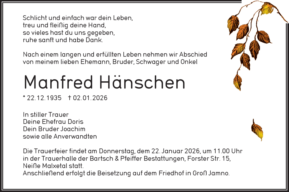  Traueranzeige für Manfred Hänschen vom 17.01.2026 aus Lausitzer Rundschau