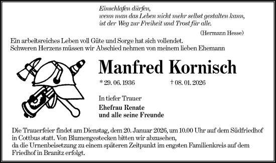 Traueranzeige von Manfred Kornisch von Lausitzer Rundschau