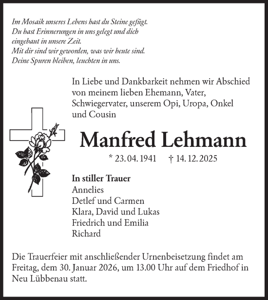 Traueranzeige von Manfred Lehmann von Ausg. LR Spreewald RS