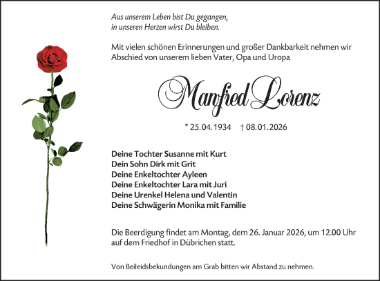 Traueranzeige von Manfred Lorenz von Lausitzer Rundschau