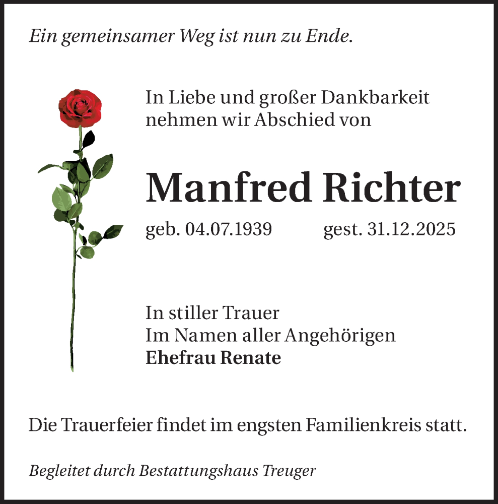  Traueranzeige für Manfred Richter vom 10.01.2026 aus Lausitzer Rundschau