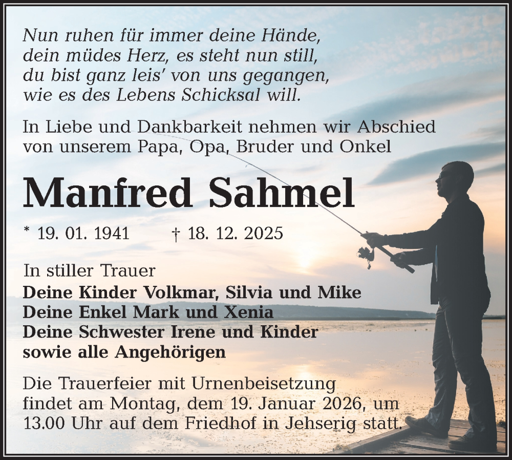  Traueranzeige für Manfred Sahmel vom 03.01.2026 aus Lausitzer Rundschau